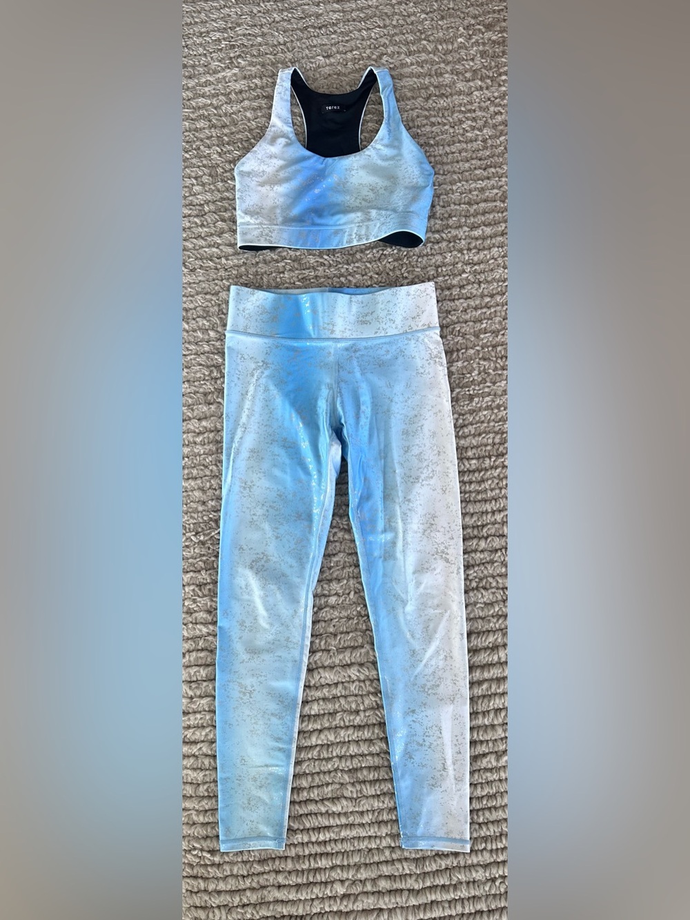 Terez Light Blue Metallic Print Legging and Sports Bra Set Small